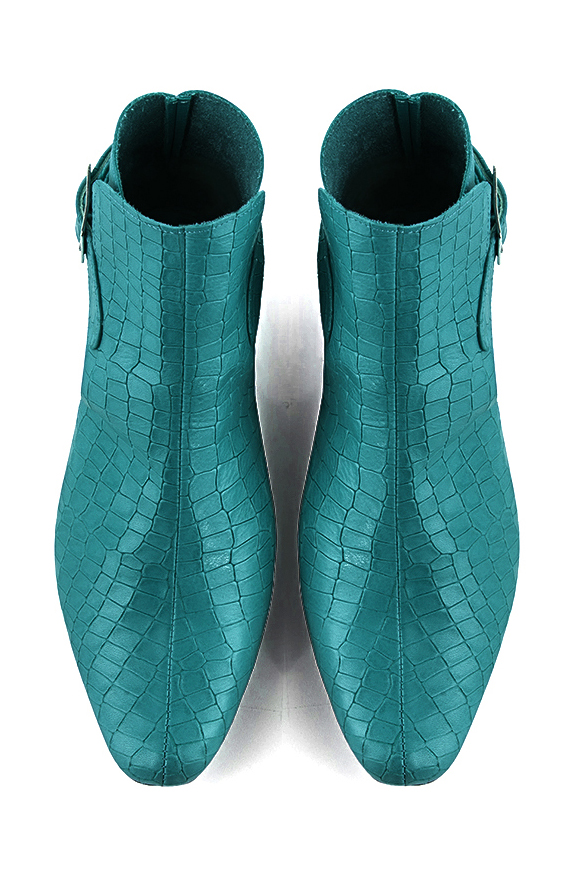 Turquoise blue women's ankle boots with buckles at the back. Round toe. Low block heels. Top view - Florence KOOIJMAN